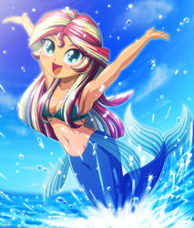 Size: 1000x1173 | Tagged: safe, artist:uotapo, sunset shimmer, mermaid, equestria girls, g4, armpits, belly button, bikini top, blushing, breasts, clothes, colored pupils, cute, female, happy, looking at you, mermaidized, midriff, open mouth, shimmerbetes, smiling, solo, species swap, splash, sunlight, water