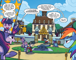 Size: 907x718 | Tagged: safe, artist:tony fleecs, idw, official comic, evening stroll, paraviolet, rainbow dash, twilight sparkle, alicorn, pegasus, pony, from the shadows, g4, spoiler:comic, spoiler:comic52, cannon, colonial williamsburg, comic, cropped, female, historical reenactment, mare, rainbow dash is not amused, speech bubble, starry eyes, twilight sparkle (alicorn), unamused, unnamed character, unnamed pony, whinniesburg, wingding eyes