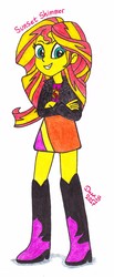 Size: 930x2257 | Tagged: safe, artist:xenoteeth3, sunset shimmer, equestria girls, g4, boots, clothes, crossed arms, cute, female, high heel boots, jacket, leather jacket, looking at you, shimmerbetes, simple background, skirt, solo, traditional art, white background