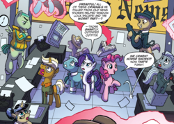 Size: 888x636 | Tagged: safe, artist:tonyfleecs, idw, official comic, nosey news, pinkie pie, quill (character), rarity, scoop (g4), trenderhoof, earth pony, pegasus, pony, unicorn, from the shadows, g4, spoiler:comic, spoiler:comic52, cement shoes, criminal, cropped, female, gangster, hat, levitation, mafia, magic, male, mare, newspaper hat, paper, paper hat, speech bubble, stallion, telekinesis, unnamed character, unnamed pony