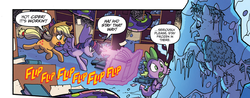 Size: 911x356 | Tagged: safe, artist:tony fleecs, idw, official comic, applejack, frankenstag's monster, spike, twilight sparkle, alicorn, dragon, earth pony, pony, from the shadows, g4, spoiler:comic, spoiler:comic52, bondage, book, cropped, encasement, female, frankenstein's monster, frozen, i was frozen today, ice, magic, male, mare, running, speech bubble, telekinesis, twilight sparkle (alicorn)