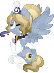 Size: 525x700 | Tagged: safe, artist:tambelon, oc, oc only, oc:bedtime story, crystal pony, pegasus, pony, birthday, female, hat, jewelry, mare, party hat, party horn, pendant, ponysona, solo, watermark