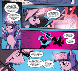 Size: 908x826 | Tagged: safe, artist:tony fleecs, idw, official comic, screencap, shadow lock, twilight sparkle, alicorn, pony, unicorn, friendship is magic #52, from the shadows, g4, spoiler:comic, bipedal, blast, book, comic, cropped, dramatic irony, duo, female, horn, irony, magic, magic beam, magic blast, male, mare, shipping fuel, speech bubble, stallion, telekinesis, twilight sparkle (alicorn)