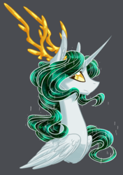 Size: 762x1083 | Tagged: safe, artist:australian-senior, oc, oc only, oc:aletheia invictus, alicorn, kirin, pony, kirindos, alternate universe, antlers, bust, colored sclera, crossover, goddess, golden eyes, gray background, next generation, offspring, parent:oc:arlon invictus, parent:princess celestia, parents:canon x oc, portal, simple background, solo