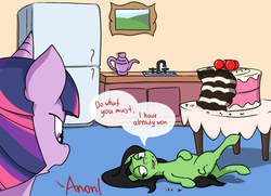 Size: 1154x834 | Tagged: artist needed, source needed, safe, twilight sparkle, oc, oc:filly anon, pony, g4, cake, dialogue, female, filly, food, food baby, i regret nothing, mare, painting, refrigerator, sink, stuffed, table