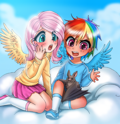 Size: 1500x1550 | Tagged: safe, artist:racoonsan, fluttershy, rainbow dash, bat, human, g4, blushing, clothes, cloud, colored pupils, cute, dashabetes, duo, female, humanized, open mouth, pleated skirt, shoes, shyabetes, skirt, sneakers, socks, sweater, sweatershy, winged humanization, wings, younger