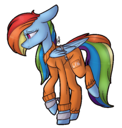 Size: 541x569 | Tagged: safe, artist:umiimou, rainbow dash, pegasus, pony, g4, b-f16, bound wings, clothes, commission, commissioner:rainbowdash69, crying, cuffs, female, floppy ears, never doubt rainbowdash69's involvement, prison outfit, prisoner rd, shackles, simple background, solo, transparent background