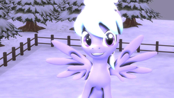 Size: 1280x720 | Tagged: safe, artist:xxfirepiexx, cloudchaser, pony, g4, 3d, female, fence, looking at you, smiling, snow, solo, spread wings, tree, winter