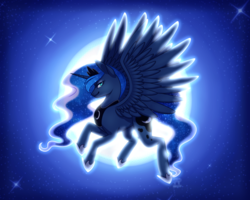 Size: 1024x819 | Tagged: safe, artist:mittz-the-trash-lord, princess luna, alicorn, pony, g4, female, flying, mare, moon, night, night sky, sky, solo, spread wings, stars