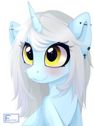Size: 1280x1720 | Tagged: safe, artist:feekteev, oc, oc only, pony, unicorn, blushing, bust, ear piercing, female, mare, piercing, portrait, simple background, solo, white background