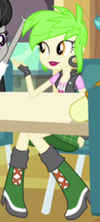 Size: 237x526 | Tagged: safe, screencap, brawly beats, cherry crash, octavia melody, equestria girls, g4, my little pony equestria girls: rainbow rocks, battle of the bands, boots, cherry, clothes, cropped, ear piercing, earring, fingerless gloves, food, gloves, high heel boots, jewelry, piercing