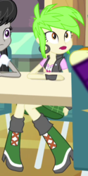 Size: 262x525 | Tagged: safe, screencap, brawly beats, cherry crash, octavia melody, equestria girls, g4, my little pony equestria girls: rainbow rocks, battle of the bands, boots, cherry, clothes, cropped, ear piercing, earring, fingerless gloves, food, gloves, high heel boots, jewelry, piercing