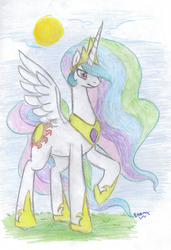 Size: 1889x2757 | Tagged: safe, artist:banami-luv, princess celestia, pony, g4, female, raised hoof, solo, sun, traditional art