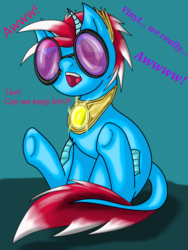 Size: 768x1024 | Tagged: safe, artist:acespade777, oc, oc only, oc:golden tune, original species, pony, adorkable, colt, cute, digital art, dork, foal, glasses, male, muse, solo, text, toy