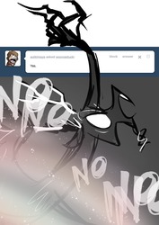 Size: 666x943 | Tagged: safe, artist:egophiliac, discord, moonstuck, g4, ask, big no, fourth wall, monochrome, partial color, rainbow, tumblr