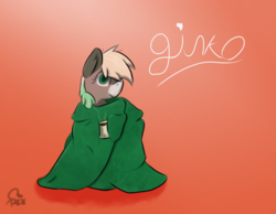 Size: 1496x1158 | Tagged: safe, artist:omegapex, oc, oc only, oc:ginko, pony, blanket, blanket burrito, drink, gradient background, solo