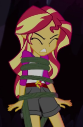 Size: 289x441 | Tagged: safe, screencap, sunset shimmer, equestria girls, g4, legend of everfree, bondage, cropped, female, solo, tied up, vine