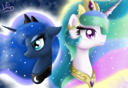 Size: 1621x1115 | Tagged: safe, artist:ingresar, princess celestia, princess luna, pony, g4, crown, jewelry, peytral, portal, regalia, royal sisters