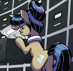 Size: 321x312 | Tagged: safe, artist:tony fleecs, idw, official comic, nosey news, quill (g4), pony, unicorn, from the shadows, g4, spoiler:comic, spoiler:comic52, butt, cropped, female, mare, paper, plot, solo