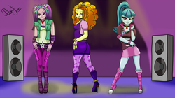 Size: 1200x674 | Tagged: safe, artist:bandijones, adagio dazzle, aria blaze, sonata dusk, equestria girls, g4, my little pony equestria girls: rainbow rocks, boots, choker, girly, high heels, sexy, the dazzlings