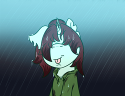 Size: 1024x788 | Tagged: safe, artist:lazerblues, oc, oc only, oc:taffeta, pony, broken horn, clothes, hair over eyes, hoodie, horn, rain, solo, tongue out, wet mane