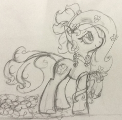 Size: 1834x1804 | Tagged: safe, artist:binkyt11, oc, oc only, oc:terra flora, earth pony, plant pony, pony, clothes, female, flower, flower in hair, headband, leaves, mare, monochrome, older, shoes, sketch, solo, traditional art, vine