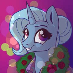 Size: 900x900 | Tagged: safe, artist:28gooddays, trixie, pony, unicorn, g4, abstract background, alternate hairstyle, bust, female, hair bun, mare, portrait, smiling, solo, wreath