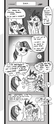 Size: 1451x3300 | Tagged: safe, artist:loreto-arts, princess ember, spike, twilight sparkle, alicorn, pony, comic:friendship is innuendo, g4, baka, bandaid, coils, comic, cross-popping veins, crossed arms, fire, grayscale, hug, implied emberspike, monochrome, tail, tail hold, tail pull, this will end in snu snu, tsundember, tsundere, twilight sparkle (alicorn), winghug, wings