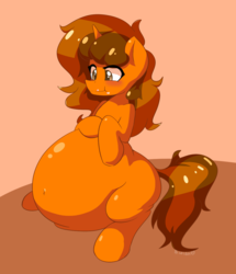 Size: 998x1162 | Tagged: safe, artist:bumpywish, oc, oc only, oc:orange burst, pony, unicorn, belly, belly button, big belly, fat, female, impossibly large belly, morbidly obese, obese, stuffed
