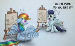 Size: 1600x1000 | Tagged: safe, artist:helmie-art, rainbow dash, soarin', pegasus, pony, g4, ..., blushing, canvas, dialogue, dock, female, floppy ears, male, open mouth, pencil, pencil drawing, ship:soarindash, shipping, simple background, sitting, smiling, spread wings, story in the comments, story in the source, straight, traditional art, wing hands, wing hold