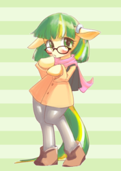 Size: 839x1187 | Tagged: safe, artist:unousaya, oc, oc only, oc:star stitcher, earth pony, pony, semi-anthro, arm hooves, backpack, bipedal, blushing, clothes, coat, commission, cute, female, glasses, mare, ocbetes, scarf, solo