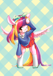 Size: 816x1158 | Tagged: safe, artist:unousaya, oc, oc only, oc:lucy softheart, pegasus, pony, semi-anthro, arm hooves, bandage, bipedal, blushing, bow, clothes, cute, female, high heels, looking at you, mare, multicolored hair, ocbetes, one eye closed, pleated skirt, school uniform, shoes, skirt, skirt lift, smiling, socks, solo, spread wings, wink