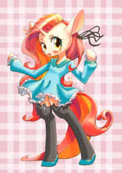 Size: 816x1158 | Tagged: safe, artist:unousaya, oc, oc only, oc:painted paws, pony, unicorn, semi-anthro, arm hooves, bipedal, blushing, clothes, commission, dress, female, looking at you, mare, open mouth, solo