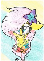 Size: 1024x1408 | Tagged: safe, artist:feathershine1, fluttershy, pony, g4, bust, female, flower, flower in hair, portrait, solo, traditional art