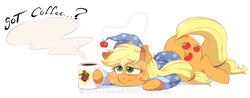 Size: 900x351 | Tagged: safe, artist:g-blue16, part of a set, applejack, winona, dog, earth pony, pony, g4, clothes, coffee, coffee mug, female, frown, hat, hoof hold, lidded eyes, mare, morning ponies, mug, nightcap, pajamas, prone, simple background, solo, tired, watermark, white background