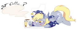 Size: 900x351 | Tagged: safe, artist:g-blue16, part of a set, derpy hooves, pony, g4, blushing, clothes, coffee mug, female, hat, lidded eyes, messy mane, mug, nightcap, pajamas, prone, simple background, solo, tongue out, watermark
