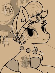 Size: 400x533 | Tagged: safe, artist:laps-sp, oc, oc only, earth pony, pony, chest fluff, clothes, dress, female, mare, monochrome, solo, tattoo