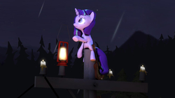 Size: 1280x720 | Tagged: safe, artist:xxfirepiexx, starlight glimmer, pony, g4, 3d, candle, female, guitar, lamp, night, post, sad, solo