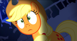 Size: 1360x730 | Tagged: safe, screencap, applejack, earth pony, pony, castle mane-ia, g4, female, mare, shrunken pupils, solo, wide eyes