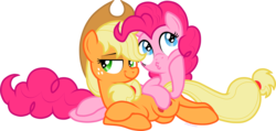 Size: 2106x1000 | Tagged: safe, artist:storfulsten, applejack, pinkie pie, pony, g4, duckface, female, lesbian, prone, ship:applepie, shipping, simple background, transparent background