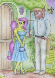 Size: 1637x2326 | Tagged: safe, artist:sinaherib, big macintosh, discord, fluttershy, earth pony, anthro, plantigrade anthro, g4, alternate hairstyle, beard, breasts, clothes, dress, facial hair, female, fluttershy's cottage, looking at each other, male, newspaper, ponytail, purse, ship:fluttermac, shipping, smiling, smoking, straight, sundress, traditional art, window
