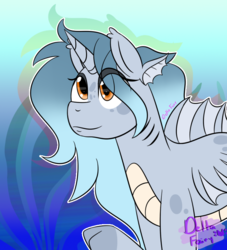 Size: 720x792 | Tagged: safe, artist:deltafairy, oc, oc only, oc:calamity shores, fish, merpony, original species, pony, unicorn, female, solo