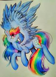 Size: 933x1293 | Tagged: safe, artist:pepperscratch, rainbow dash, pony, g4, female, flying, solo, spread wings, traditional art