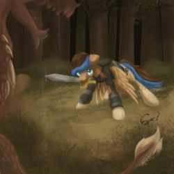 Size: 1200x1200 | Tagged: safe, artist:tiothebeetle, oc, oc only, oc:playthrough, dragon, pegasus, pony, broken glasses, bruised, clothes, fight, forest, glasses, hoodie, male, spread wings, stallion, sword, torn clothes, tree, weapon