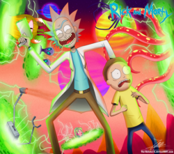 Size: 1874x1660 | Tagged: safe, artist:the-butch-x, lemon zest, alien, robot, equestria girls, g4, barely pony related, commission, crossover, morty smith, portal, portal gun (rick and morty), rick and morty, rick sanchez, tentacles, tongue out