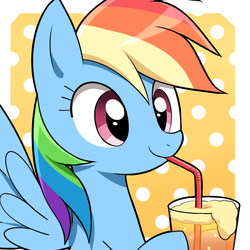Size: 1300x1300 | Tagged: safe, artist:ryuu, rainbow dash, pegasus, pony, g4, abstract background, cider, cute, dashabetes, drink, drinking, drinking straw, female, glass, hoof hold, mare, sipping, smiling, solo, spread wings, straw, wings