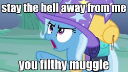 Size: 1280x720 | Tagged: safe, edit, edited screencap, screencap, trixie, pony, g4, to where and back again, angry, cute, female, harry potter (series), image macro, meme, pointing, solo, trixie yells at everything