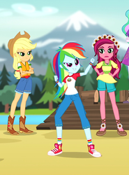 Size: 535x722 | Tagged: safe, screencap, applejack, gloriosa daisy, princess celestia, principal celestia, rainbow dash, equestria girls, g4, my little pony equestria girls: legend of everfree, action pose, boots, camp everfree outfits, clothes, converse, cowboy boots, cowboy hat, crossed arms, female, flower, flower in hair, geode of fauna, geode of shielding, geode of sugar bombs, geode of super speed, geode of super strength, hand on hip, hat, lifejacket, magical geodes, pants, pier, shoes, shorts, smiling, sneakers, socks