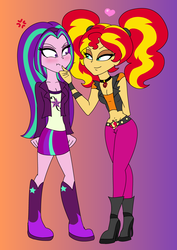 Size: 1560x2208 | Tagged: safe, artist:purfectprincessgirl, aria blaze, sunset shimmer, equestria girls, g4, my little pony equestria girls: rainbow rocks, alternate hairstyle, alternate universe, blushing, boots, breasts, cleavage, clothes, clothes swap, female, heart, high heel boots, jacket, jewelry, lesbian, lidded eyes, looking at each other, pendant, pigtails, role reversal, shipping, skirt, sunblaze, twintails