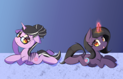 Size: 1024x663 | Tagged: safe, artist:kawaiipony2, oc, oc only, oc:cherry, oc:midnight, pony, unicorn, commission, duo, female, glasses, glowing horn, hair bun, horn, looking at you, mare, open mouth, prone, smiling